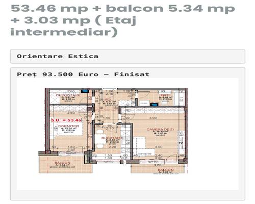 Apartament finisat decomandat cu 2 camere plus 2 balcoane. Su 53.41. Su balcoane 8,34 mp. Floresti